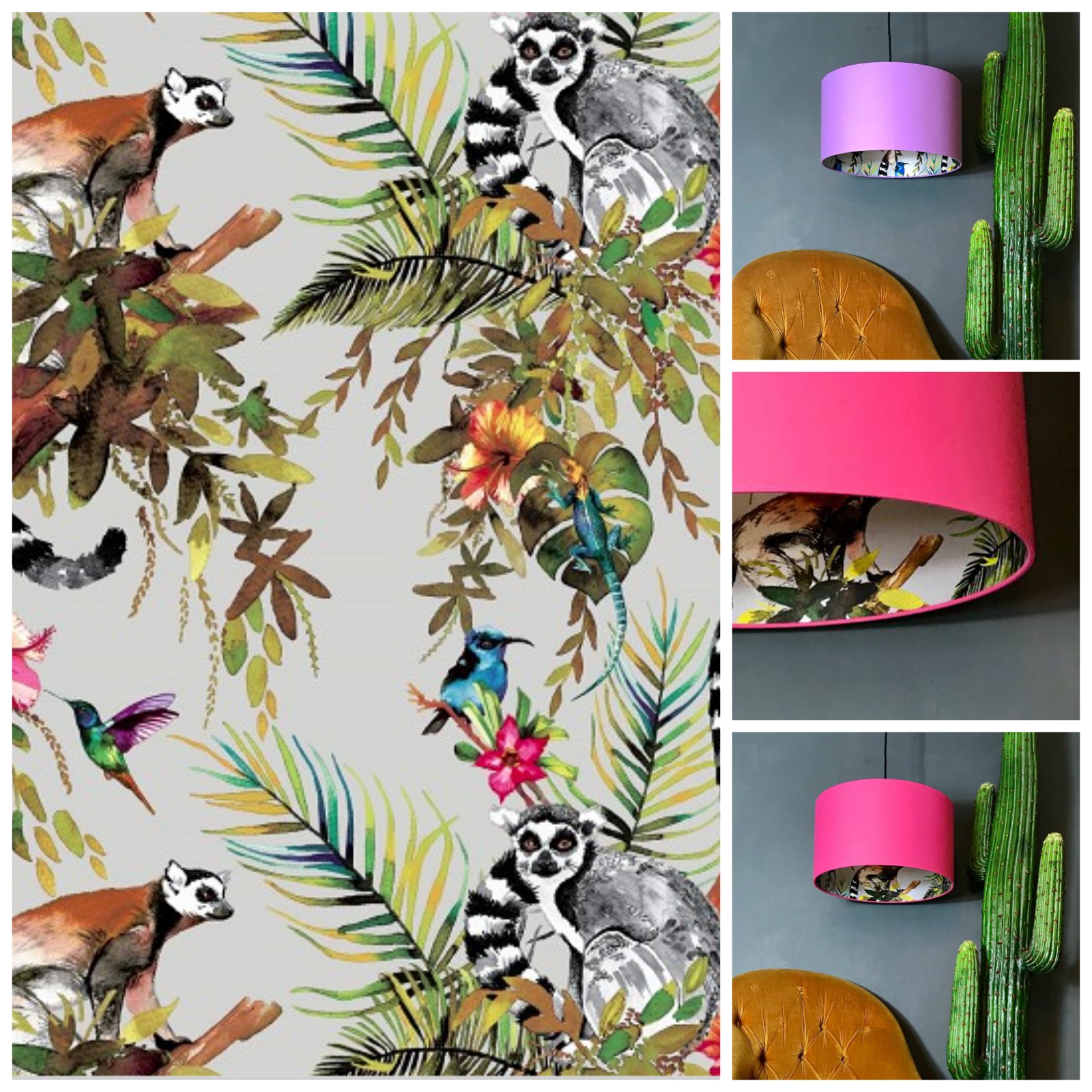 Lemur Wallpaper in Silver with Bubble gum Pink or Lilac