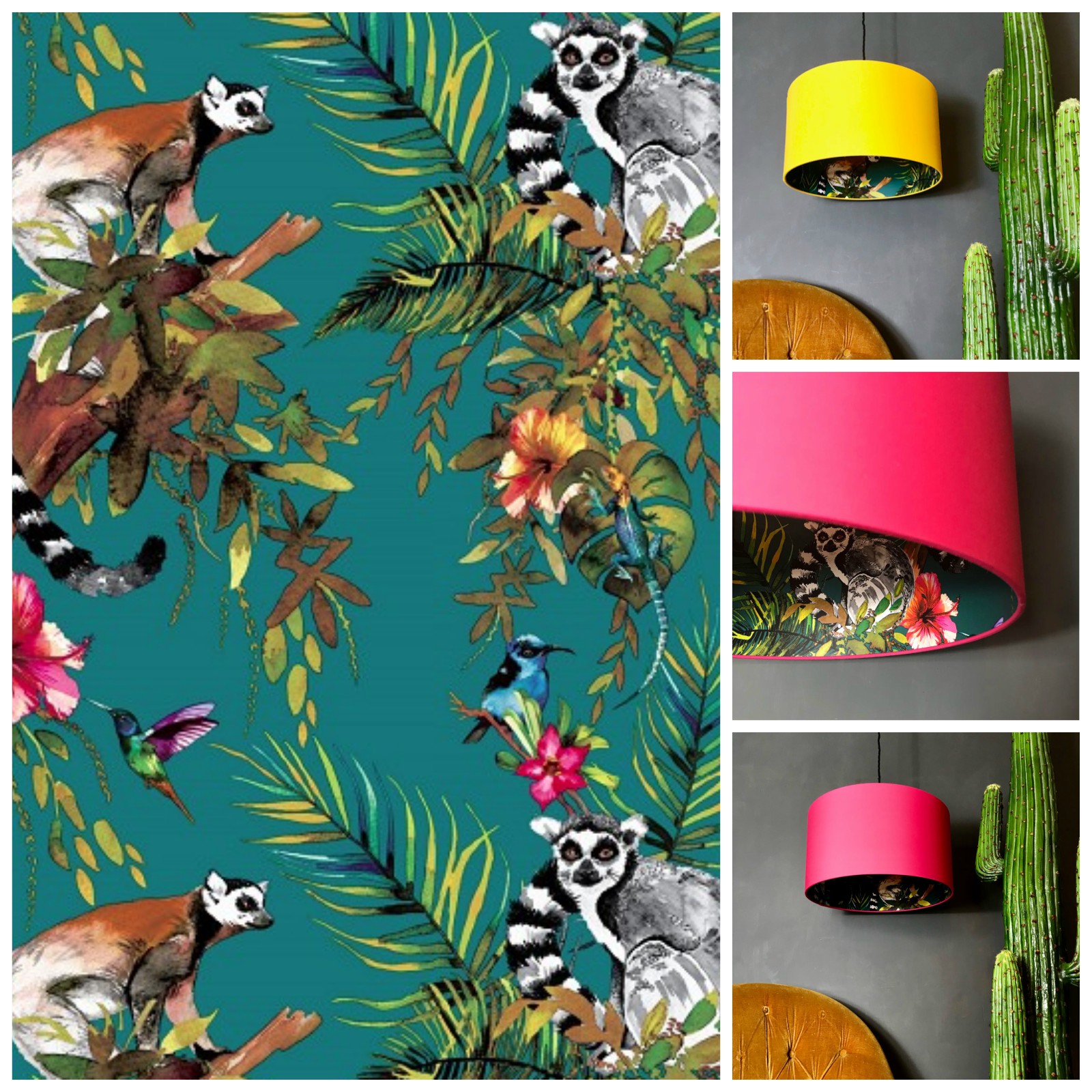 Lemur Wallpaper in Teal with Egg Yolk Yellow and Watermelon Pink