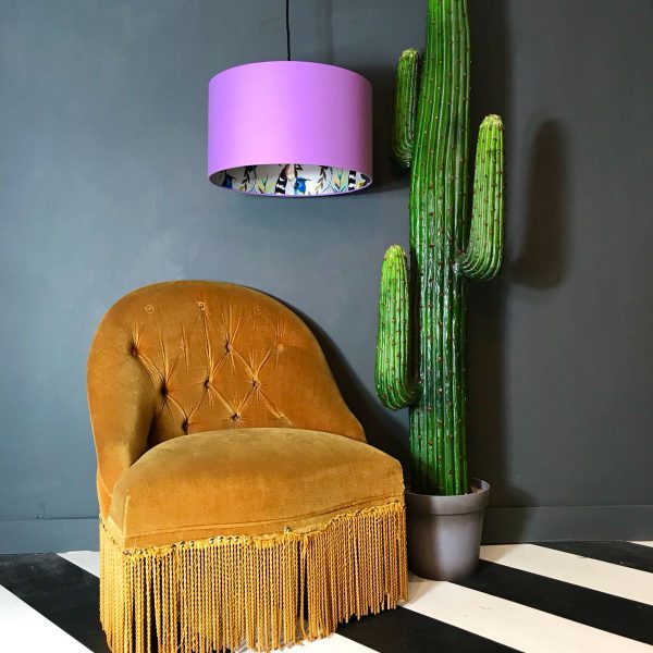 silver lemur wallpaper lampshade with Lilac Cotton Lifestyle.
