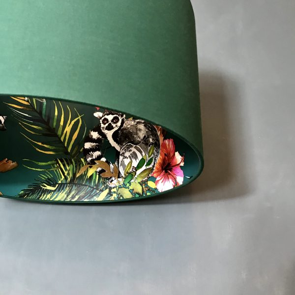 Teal lemur wallpaper lampshade in Hunter Green Cotton Close Up
