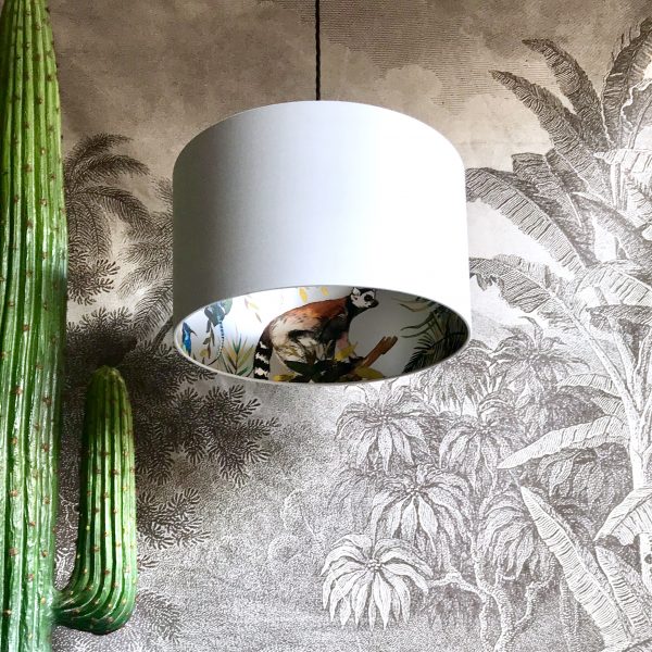 Silver kooky lemur wallpaper lampshade surrounded by Cloud Grey Cotton