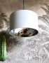 Silver kooky lemur wallpaper lampshade surrounded by Cloud Grey Cotton