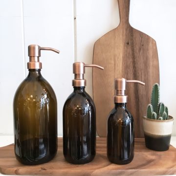 Amber Glass Soap Dispensers with Bronze Pump
