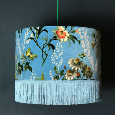 Floral Duck Egg Velvet Lampshade with Gold Lining & Fringing