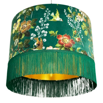 Floral Forest Green Velvet Lampshade with Gold Lining & Fringing