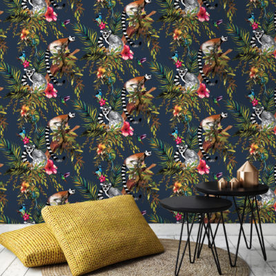 Kooky Jungle Lemur Wallpaper in Midnight Blue