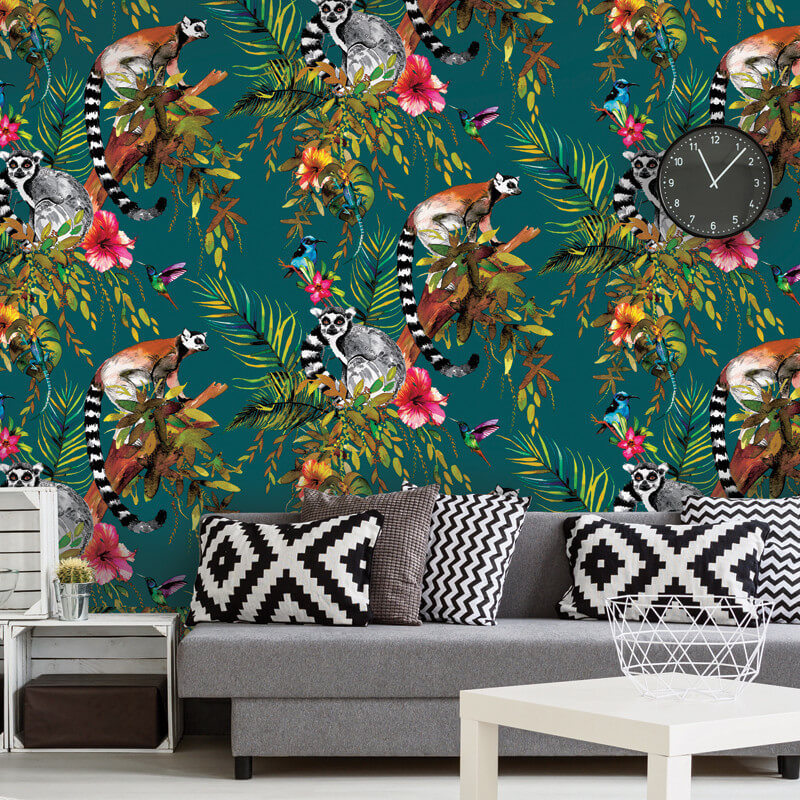 Kooky Lemur Wallpaper In Teal Roll Or Sample Love Frankie