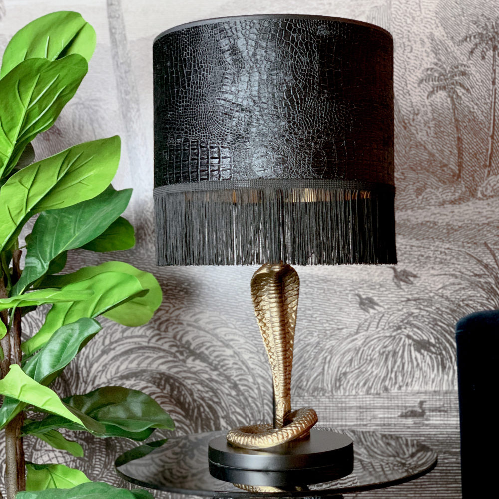 Serpent Snake Gold Table Lamp with Mock Croc Velvet Lampshade