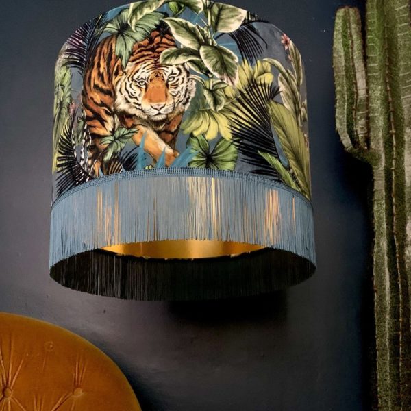 Big Cat Velvet Lampshade With Gold Lining And Fringing