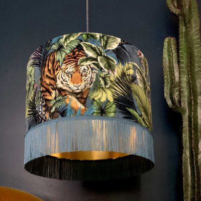 Big Cat Velvet Lampshade With Gold Lining And Fringing