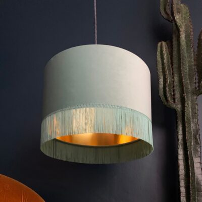 Sea Green Velvet Lampshade With Gold Lining And Fringing