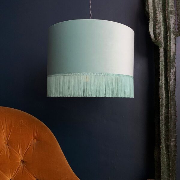 Sea Green Velvet Lampshade With Gold Lining And Fringing