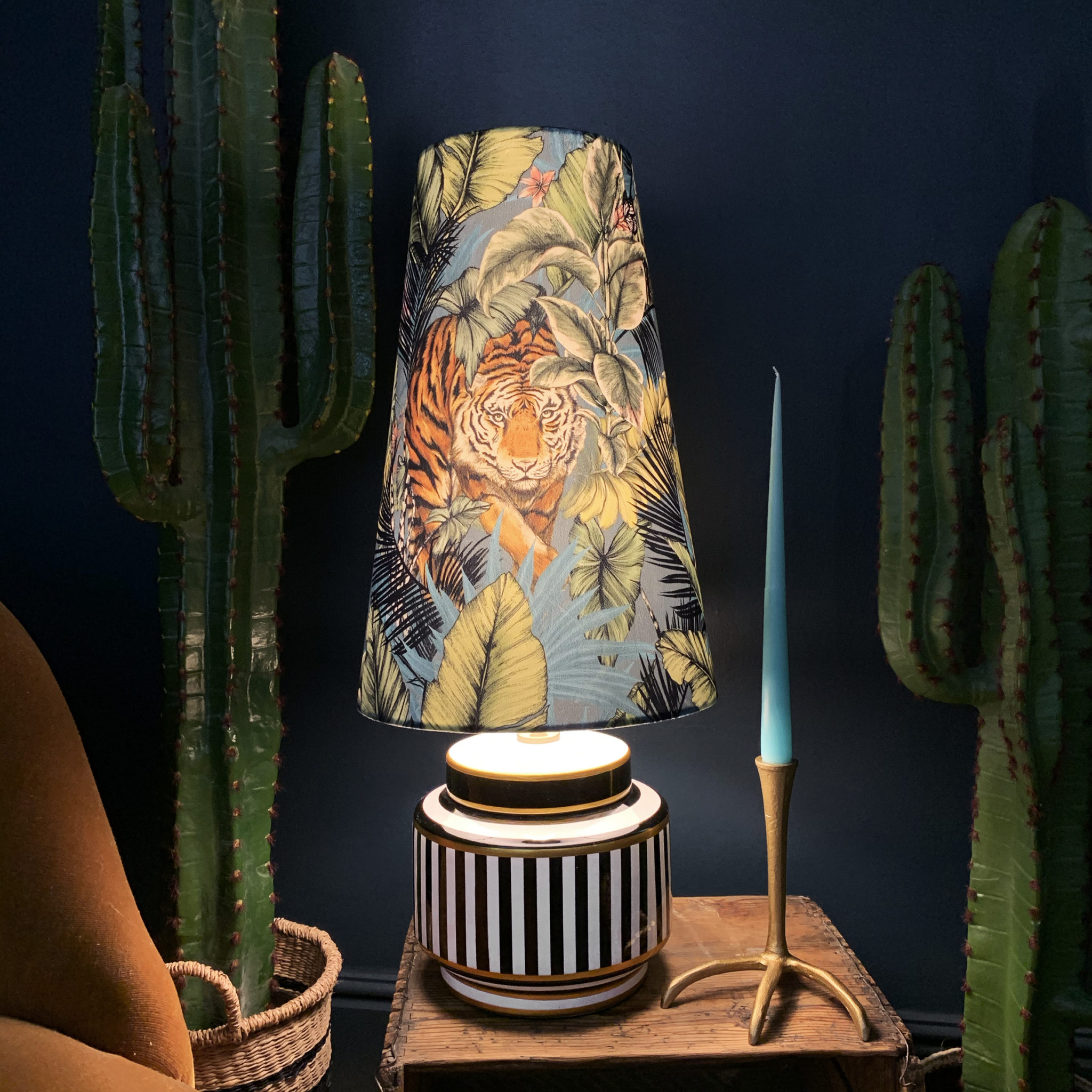 Big Cat Velvet Lampshade With Gold Lining In Flint Blue | Love Frankie
