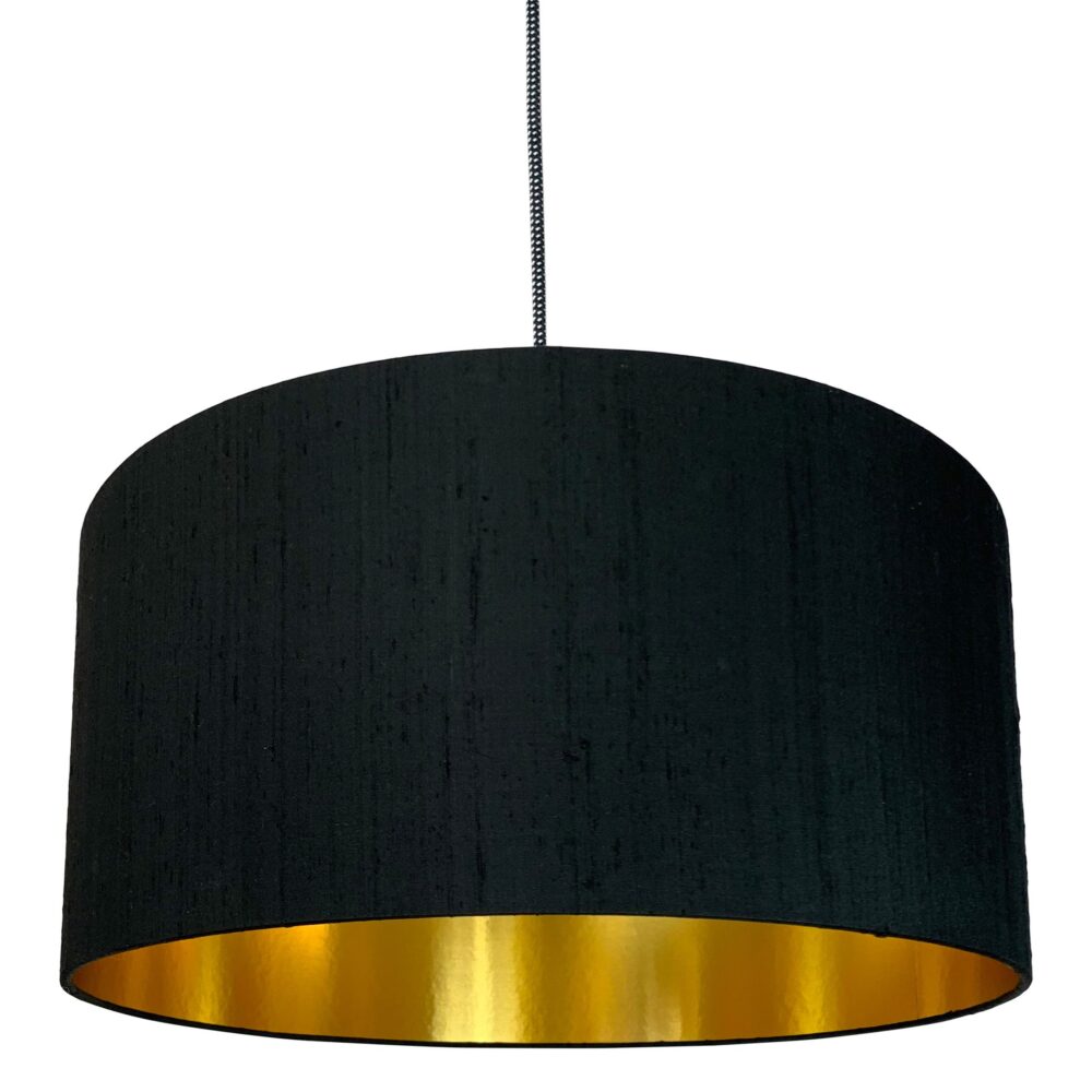 Carbon Black Silk Lampshade With Gold, Black Linen Lamp Shade With Gold Lining
