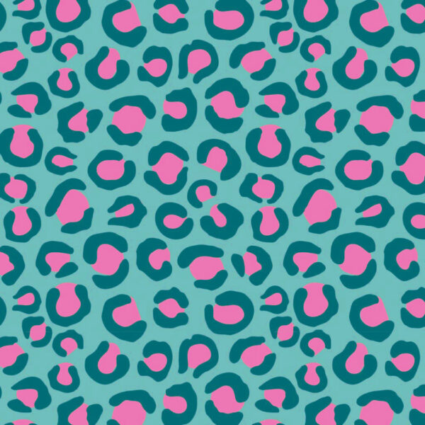 Close up of our Bubble Berry Turquoise Neon Leopard Print Fabric