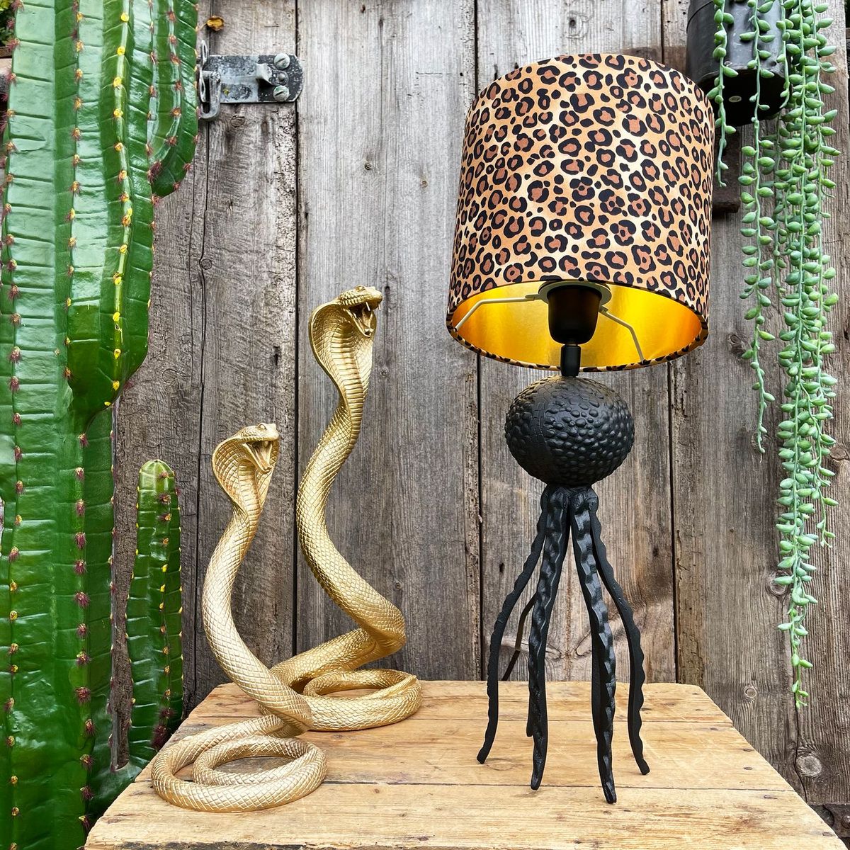 Large Black Octopus Lamp With Leopard Print Lampshade Love Frankie Large Black Octopus Lamp With Leopard, Leopard Print Lampshade With Feathers