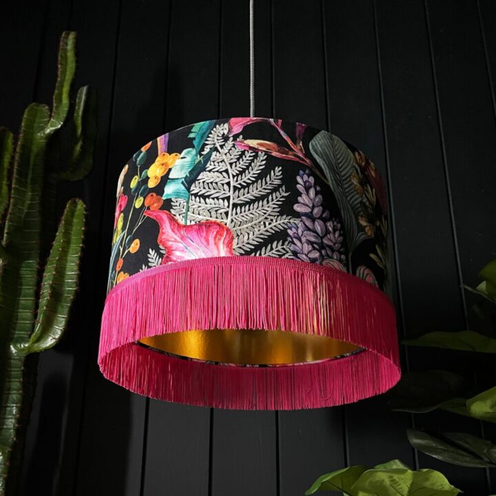 Trippy Tropical Acid Jungle Velvet Lampshade With Gold Lining and Pink Fringing
