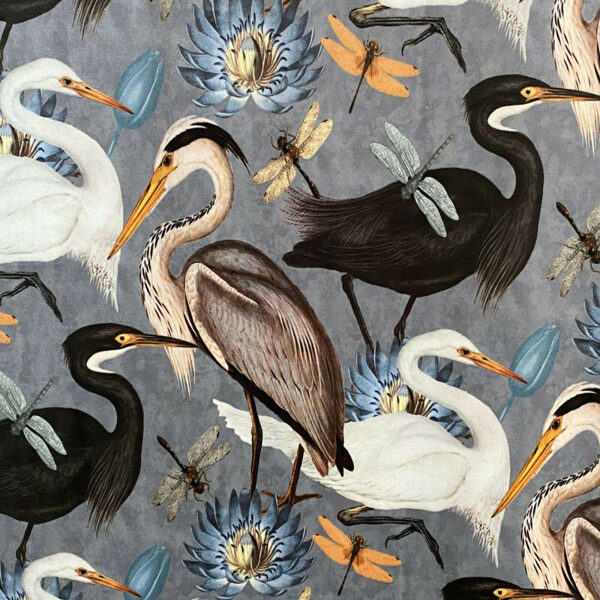 The Tranquil Bird Song Heron fabric Close up