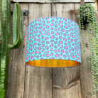 Gold Lined Neon Leopard Print handmade Lampshade in Turquoise.