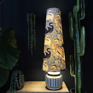 Oversized King Cone Lampshade in our Heron inspired velvet Bird Song with the light on