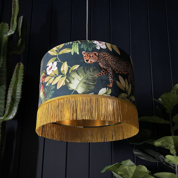 Handmade Tropical Jungalist Massive Leopard Lampshade with gold lining and fringing