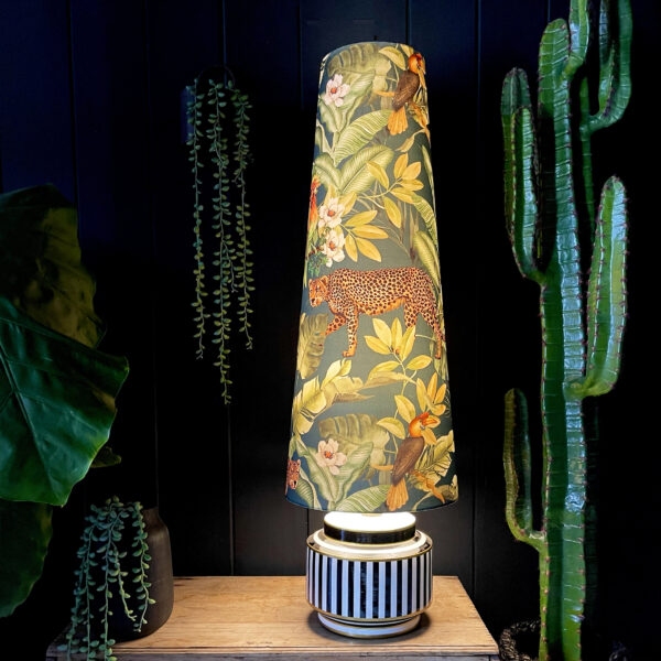 Jungalist Massive Oversized Cone Leopard Lampshade. Shown here with the light turned on.