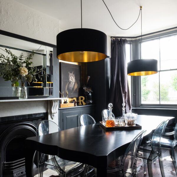 Our Black and Gold Lampshades look resplendent in the gothic glam home of Rachel Edmonds