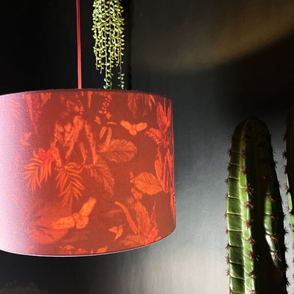 Wild Wood Deadly Night Shade Silhouette Lampshade in Candy Floss. Designed and Handmade by Love Frankie. Light On