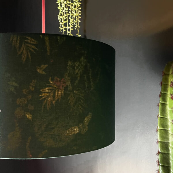 Wild Wood Deadly Night Shade Silhouette Lampshade in Hunter Green. Designed and handmade by Love Frankie. Light On