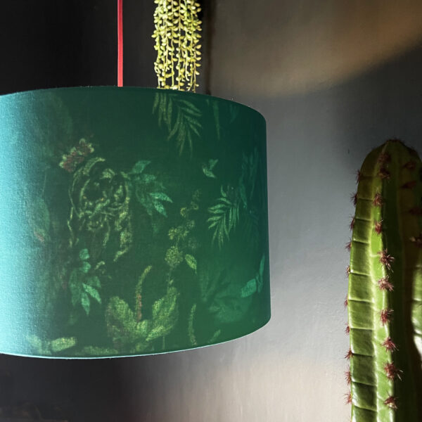 Wild Wood Deadly Night Shade Silhouette Lampshade in Jade. Designed and Handmade by Love Frankie. Light On