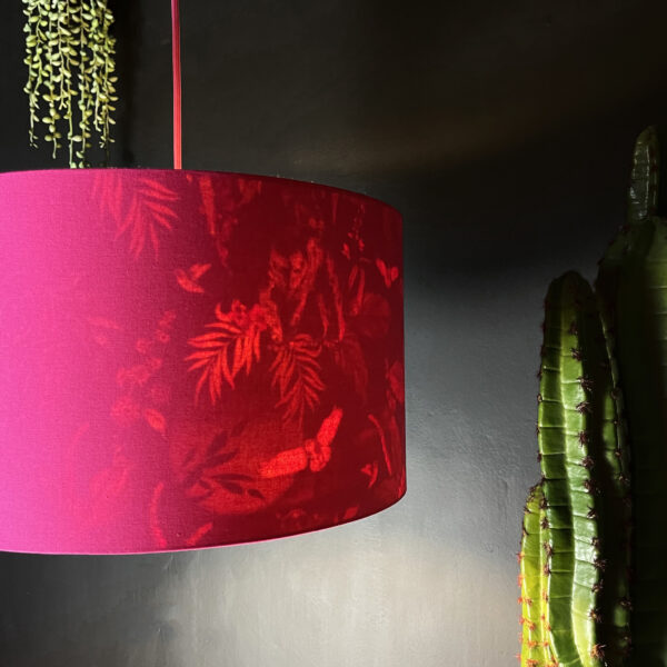 Carbon Deadly Night Shade Silhouette Lampshade in Pomegranate. Designed and Handmade by Love Frankie. Light On