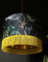 Handmade Fringed Velvet Lampshade with Gold Lining in Carbon Black and Sunshine Yellow Fringing