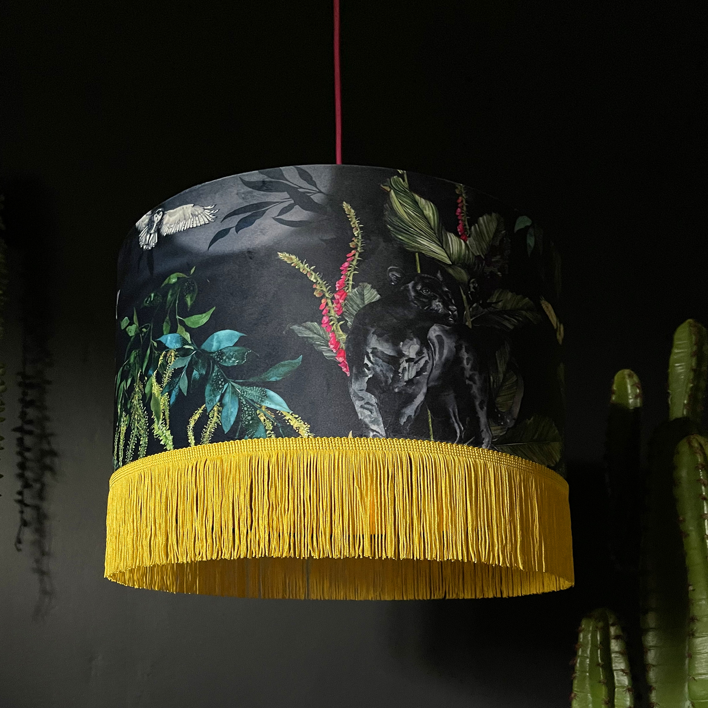 Handmade Fringed Velvet Lampshade with Gold Lining in Carbon Black and Sunshine Yellow Fringing