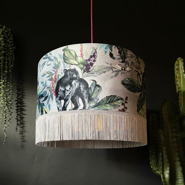 Handmade Fringed Velvet Lampshade with Gold Lining in Dust Grey and Cloud Grey Fringing