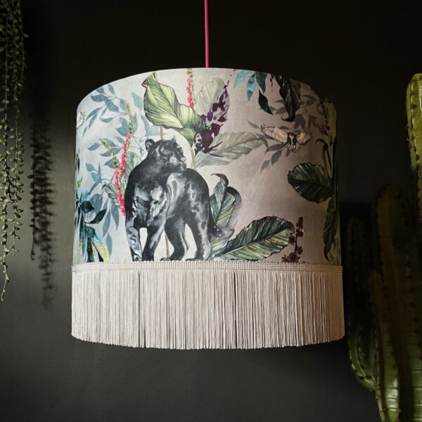 Handmade Fringed Velvet Lampshade in Dust Grey and Cloud Grey Fringing