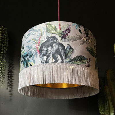 Handmade Fringed Velvet Lampshade with Gold Lining in Dust Grey and Cloud Grey Fringing