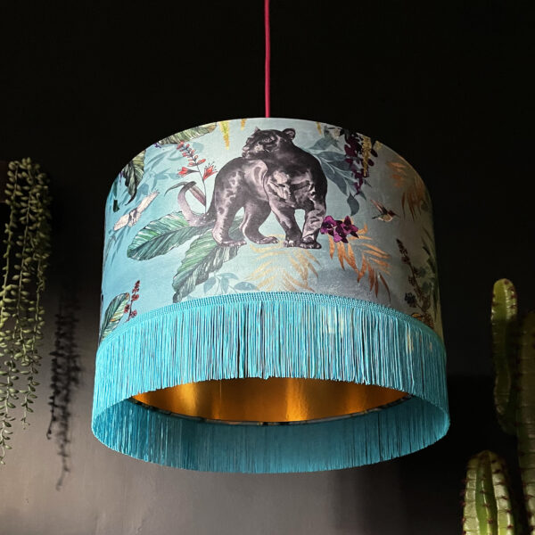 Handmade Fringed Velvet Lampshade with Gold Lining in Lithium