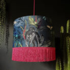 Handmade Fringed Velvet Lampshade in Smoke Blue and Hot Pink Fringing