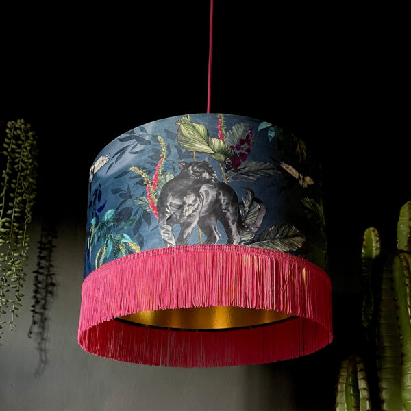 Handmade Fringed Velvet Lampshade with Gold Lining in Smoke Blue and Hot Pink Fringing