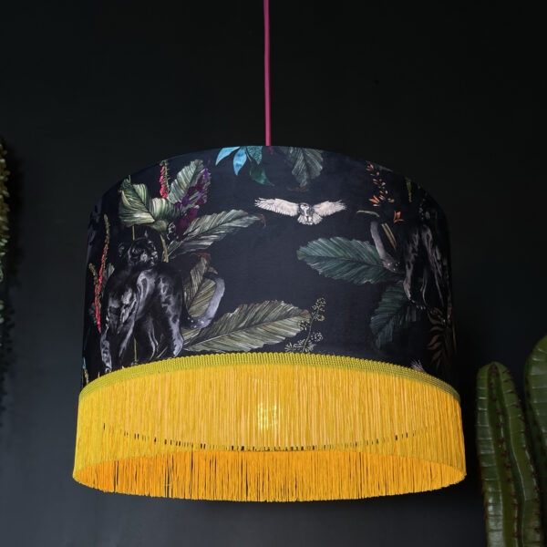 Handmade Fringed Velvet Lampshade in Carbon Black and Sunshine Yellow Fringing Light On