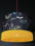 Handmade Fringed Velvet Lampshade in Carbon Black and Sunshine Yellow Fringing Light On