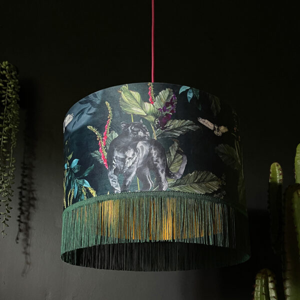 Handmade Fringed Velvet Lampshade with Gold Lining in Wild Wood Green and Hunter Green Fringing