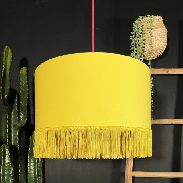 Sherbet Lemon Leopard Silhouette Lampshade in Sunshine Cotton and Yellow Fringing