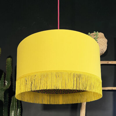 Sherbet Lemon Leopard Silhouette Lampshade in Sunshine Cotton and Yellow Fringing