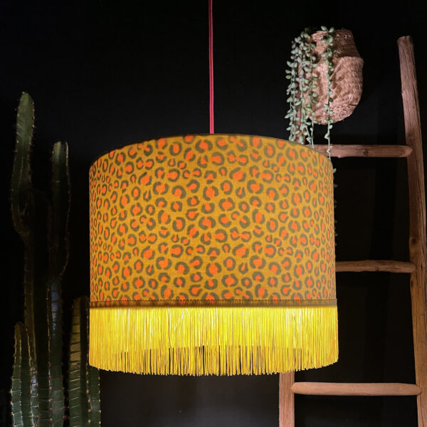 Sherbet Lemon Leopard Silhouette Lampshade in Sunshine Cotton and Yellow Fringing - Light On