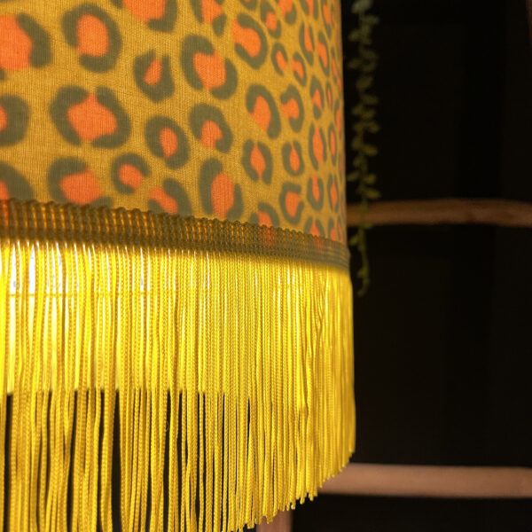 Sherbet Lemon Leopard Silhouette Lampshade in Sunshine Cotton and Yellow Fringing - Close Up