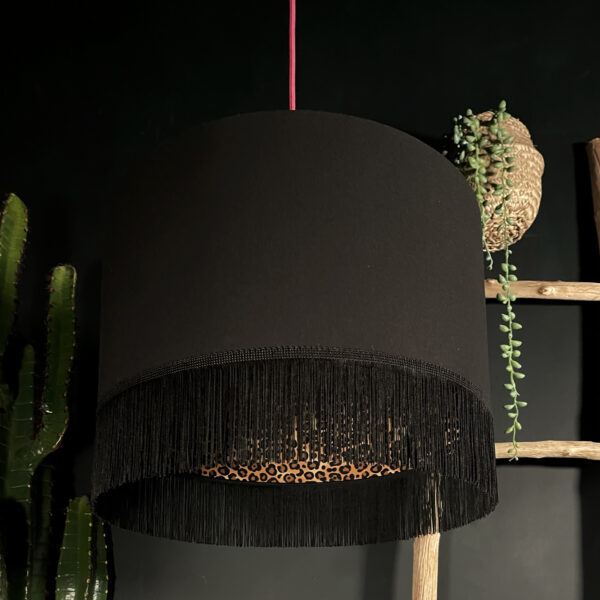 Jet Black Leopard Print Silhouette Lampshade with Black Fringing