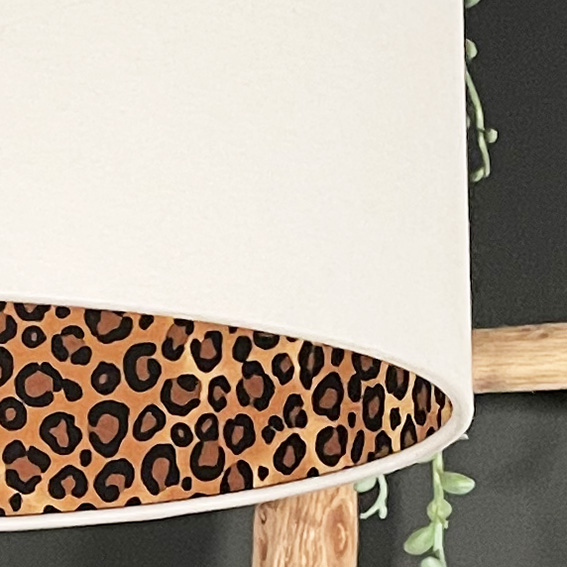 Leopard Print Silhouette Lampshade in Crisp White CottonLeopard Print Silhouette Lampshade in Crisp White Cotton Close Up Light off