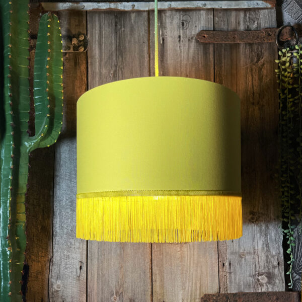 Love Frankie banana cotton lampshade copper lining and fringing light on