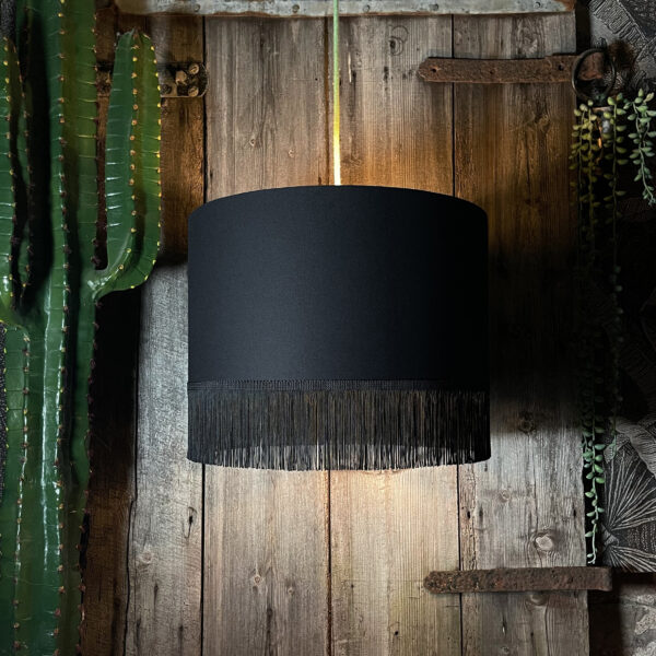 Love Frankie black cotton lampshade copper lining fringing light on